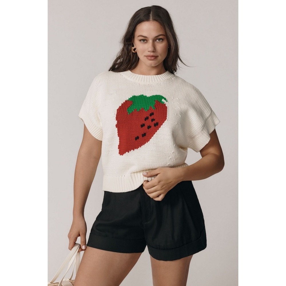 Maeve Anthropologie Strawberry Intarsia Knit Short Sleeve Sweater Cream Small